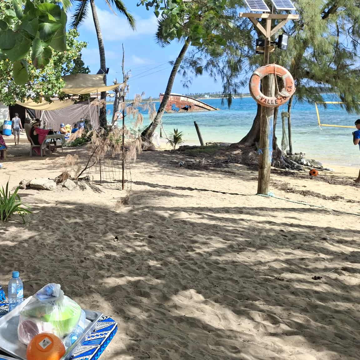 A beachside camping setup with blue folding tables, coolers, and gear under trees on sandy ground near the shoreline, with people visible in the background.