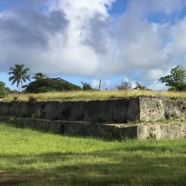Ancient stone ruins with grass and trees under a blue sky